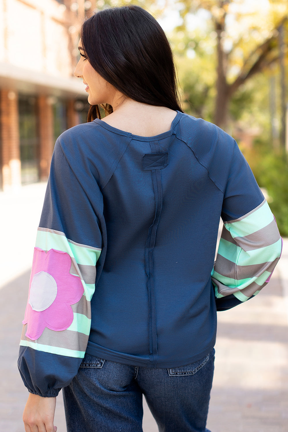 Sail Blue Flower Patchwork Raglan Sleeve Exposed Seam Oversized Top