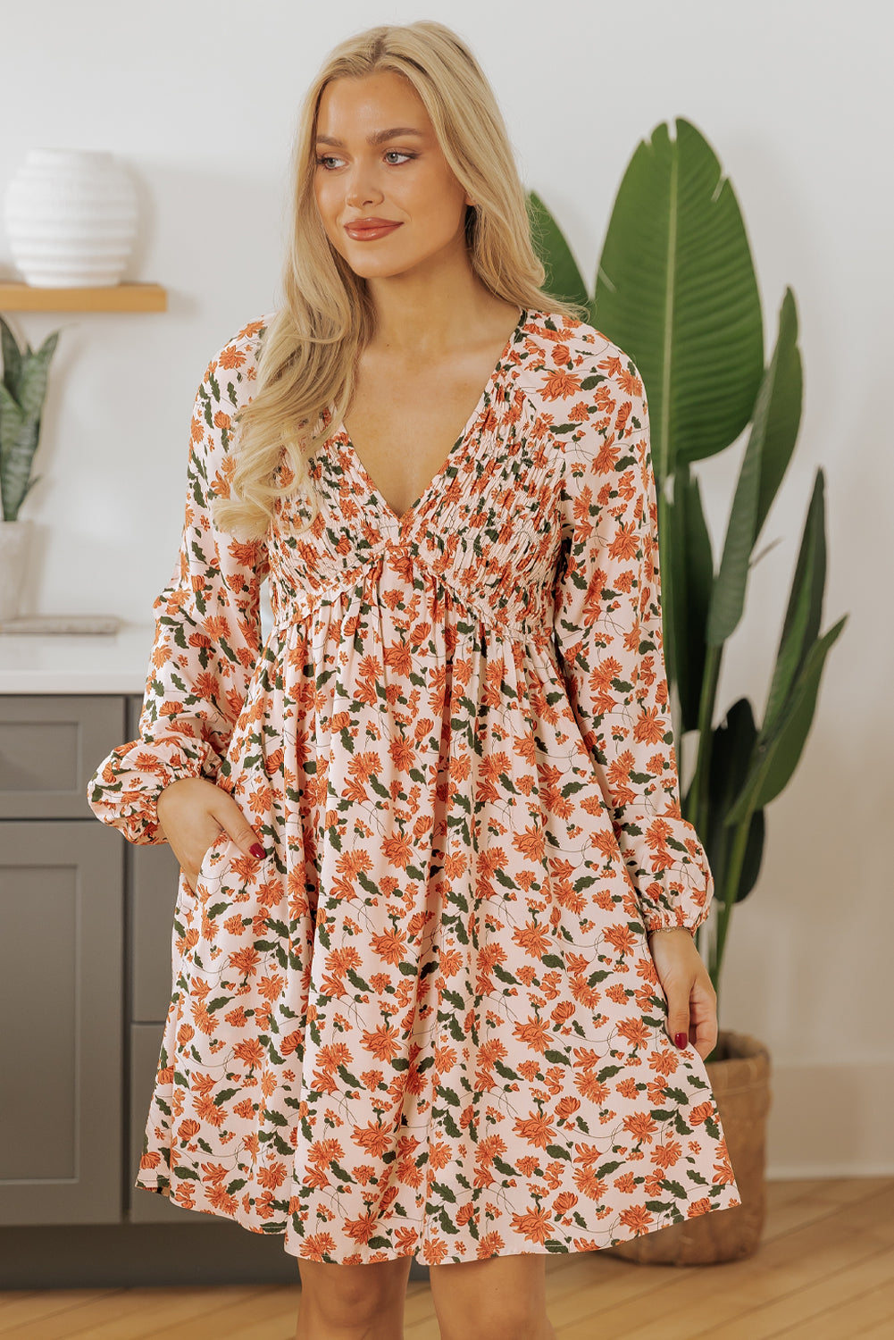 Beige Floral Deep V Neck Bubble Sleeve Babydoll Dress