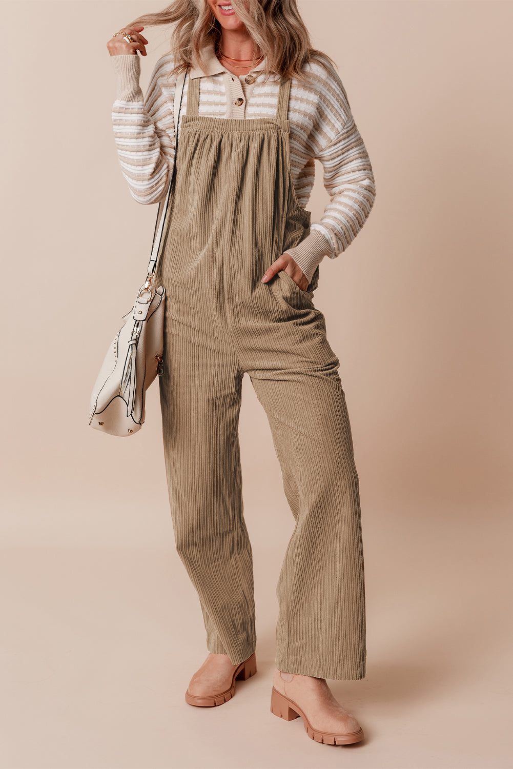 Gray Morn Solid Pocketed Loose Fit Corduroy Overall