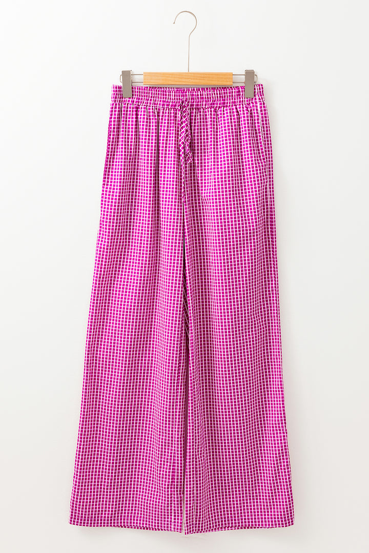 Pink Plaid Drawstring 100% Cotton High Waist Wide Leg