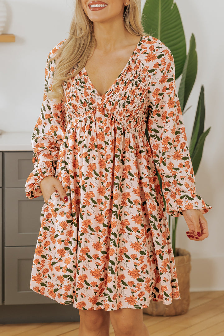 Beige Floral Deep V Neck Bubble Sleeve Babydoll Dress