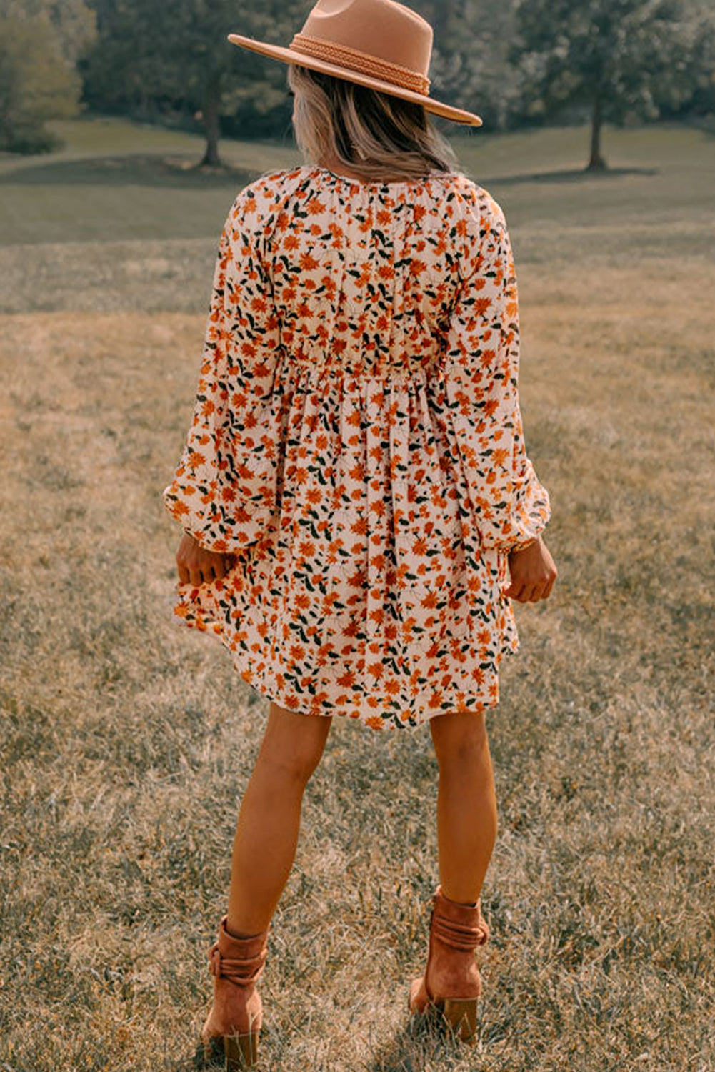 Beige Floral Deep V Neck Bubble Sleeve Babydoll Dress