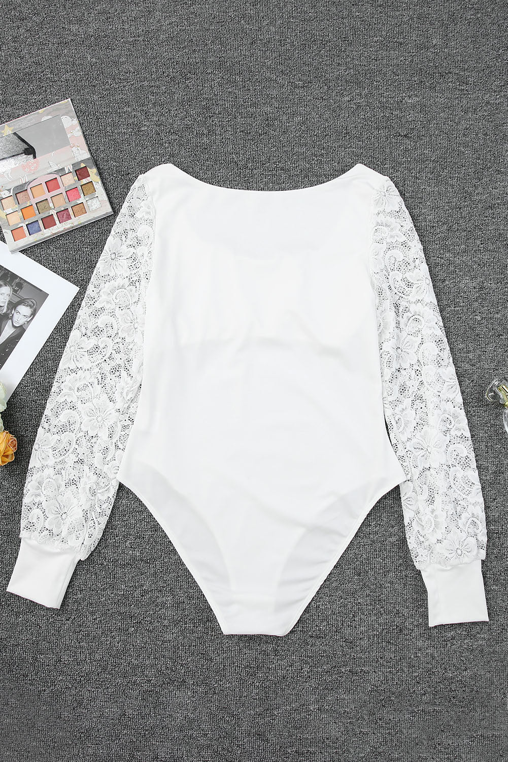 White Lace Sleeves Square Neck Bodysuit