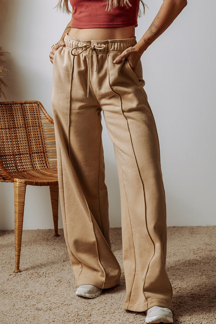 Beautiful Exposed Seam Drawstring High Waist Khaki Wide Leg Pants