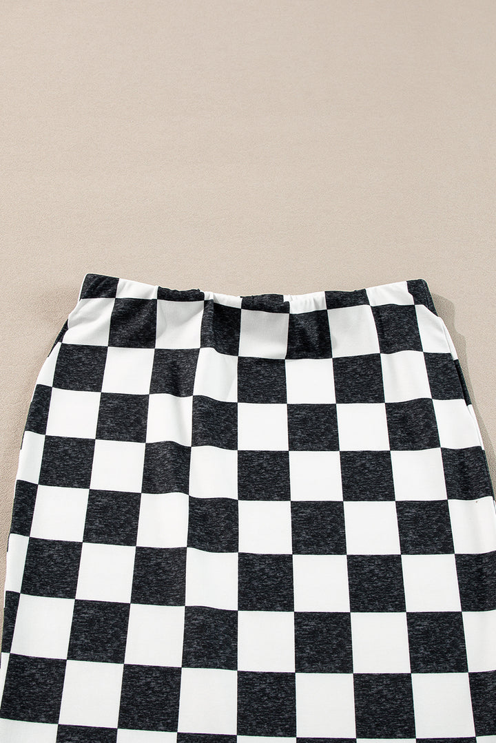 White Checkered Print Side Slit High Waist Midi Skirt