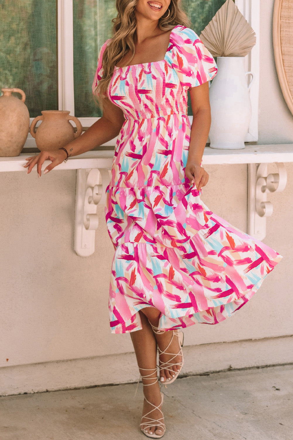 Pink Brush Stroke Printed Smocked Ruffle Tiered Dress