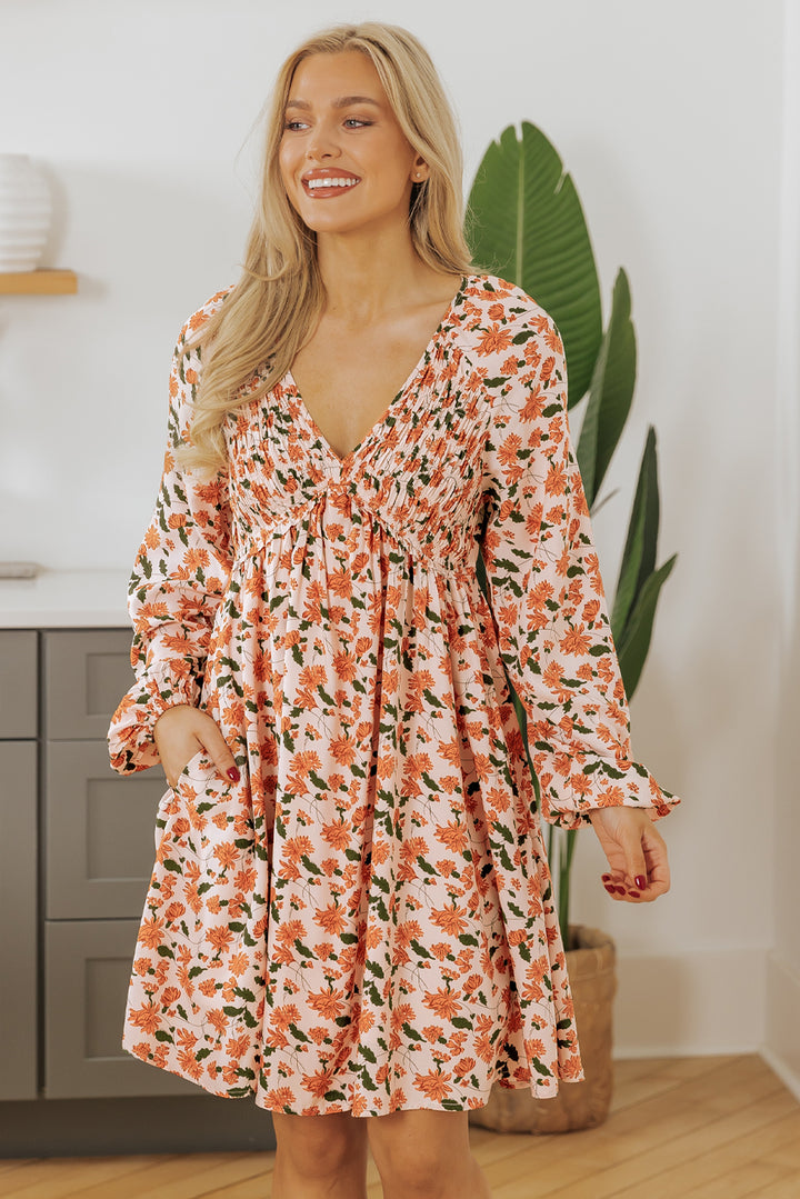 Beige Floral Deep V Neck Bubble Sleeve Babydoll Dress