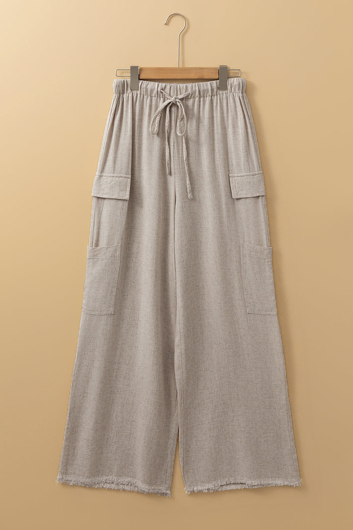 Beige Boho Linen Drawstring Waist Raw Edge Cargo Loose Pants