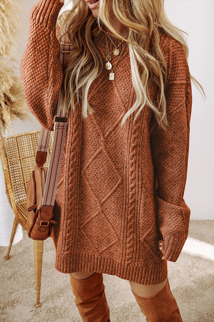 Coffee Cable Knit Drop Shoulder Loose Fit Sweater Dress