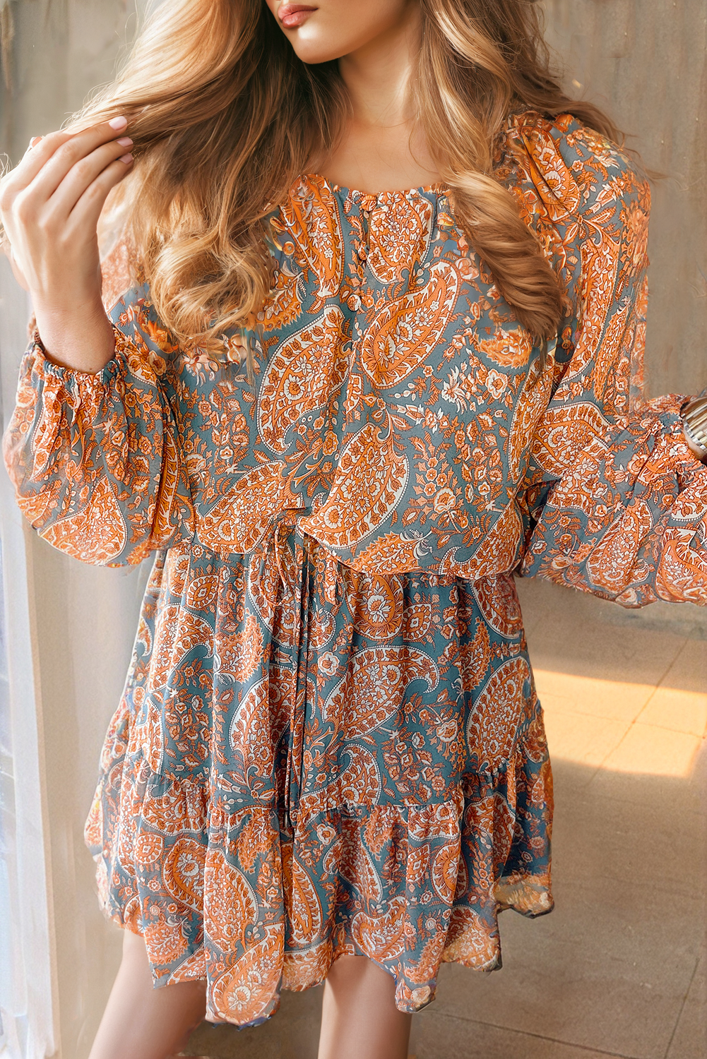 Orange Paisley Print Loose Fit Drawstring High Waist Mini Dress