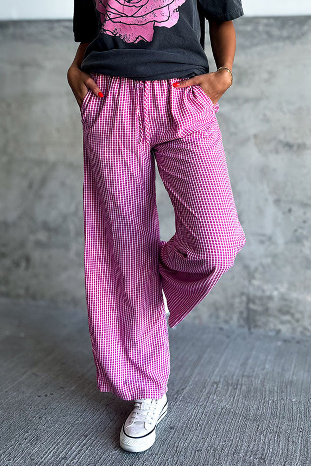 Pink Plaid Drawstring 100% Cotton High Waist Wide Leg